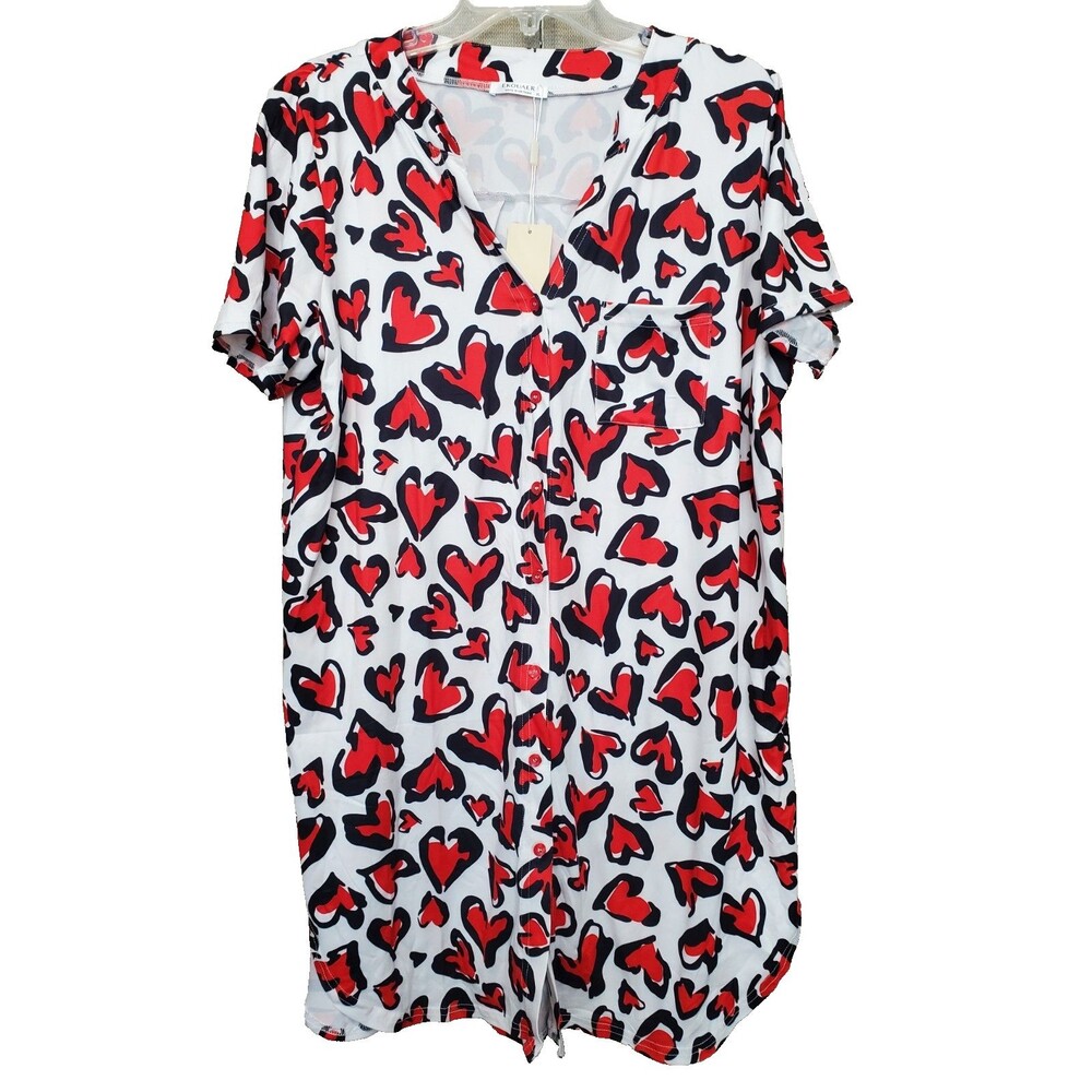 Ekouaer Heart Print Button-Up Night Shirt Women's Size XL NWT